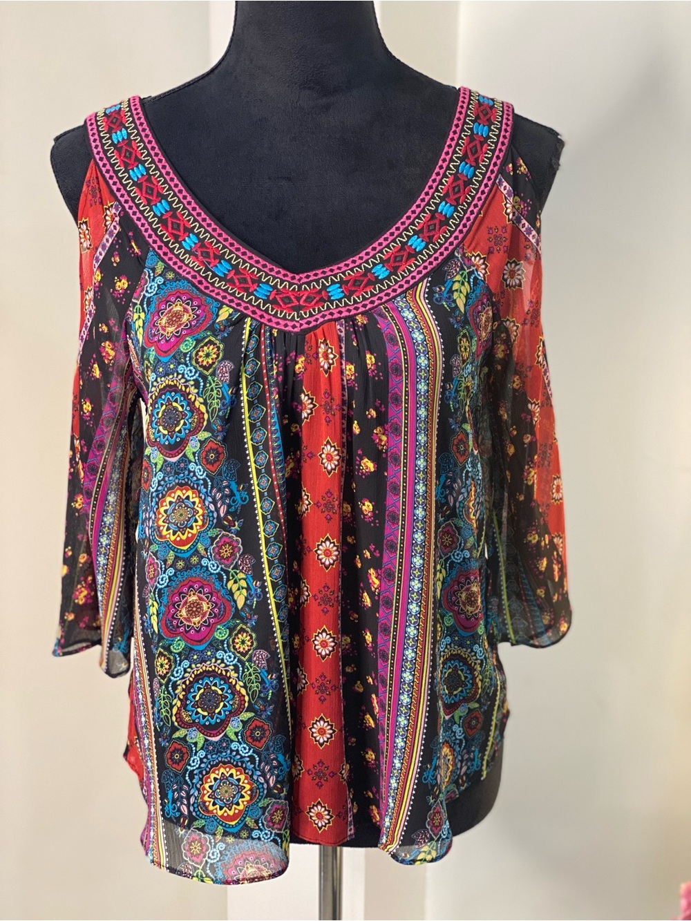 No Boundaries Multicolor Cold-Shoulder Boho Print Top